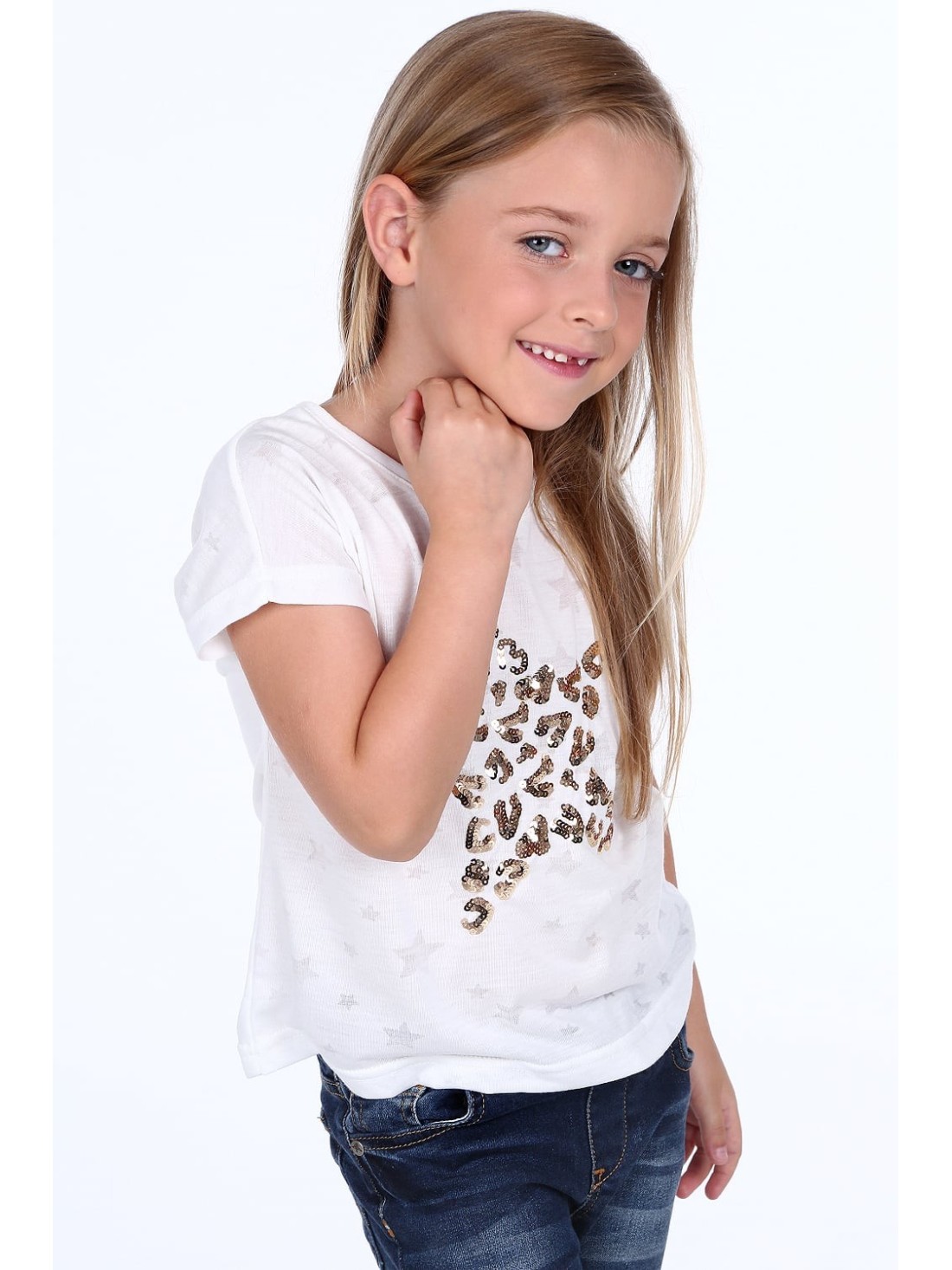 T-shirt with a sequined star, cream, NDZ8415 - Online store - Boutique